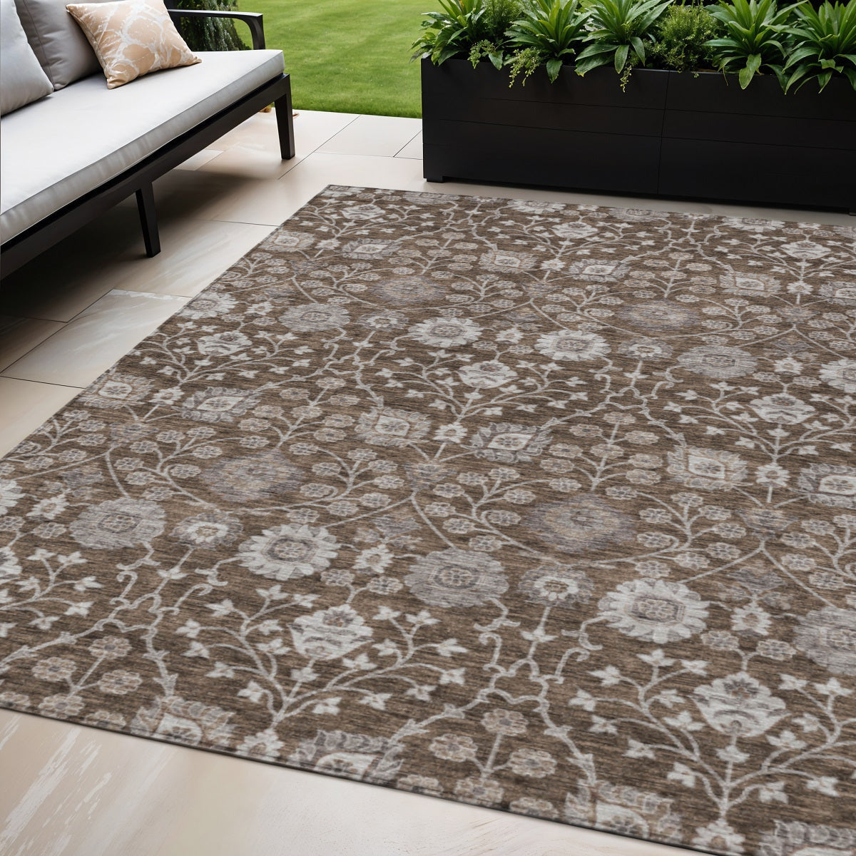 5' X 8' Chocolate Beige And Gray Floral Washable Indoor Outdoor Area Rug
