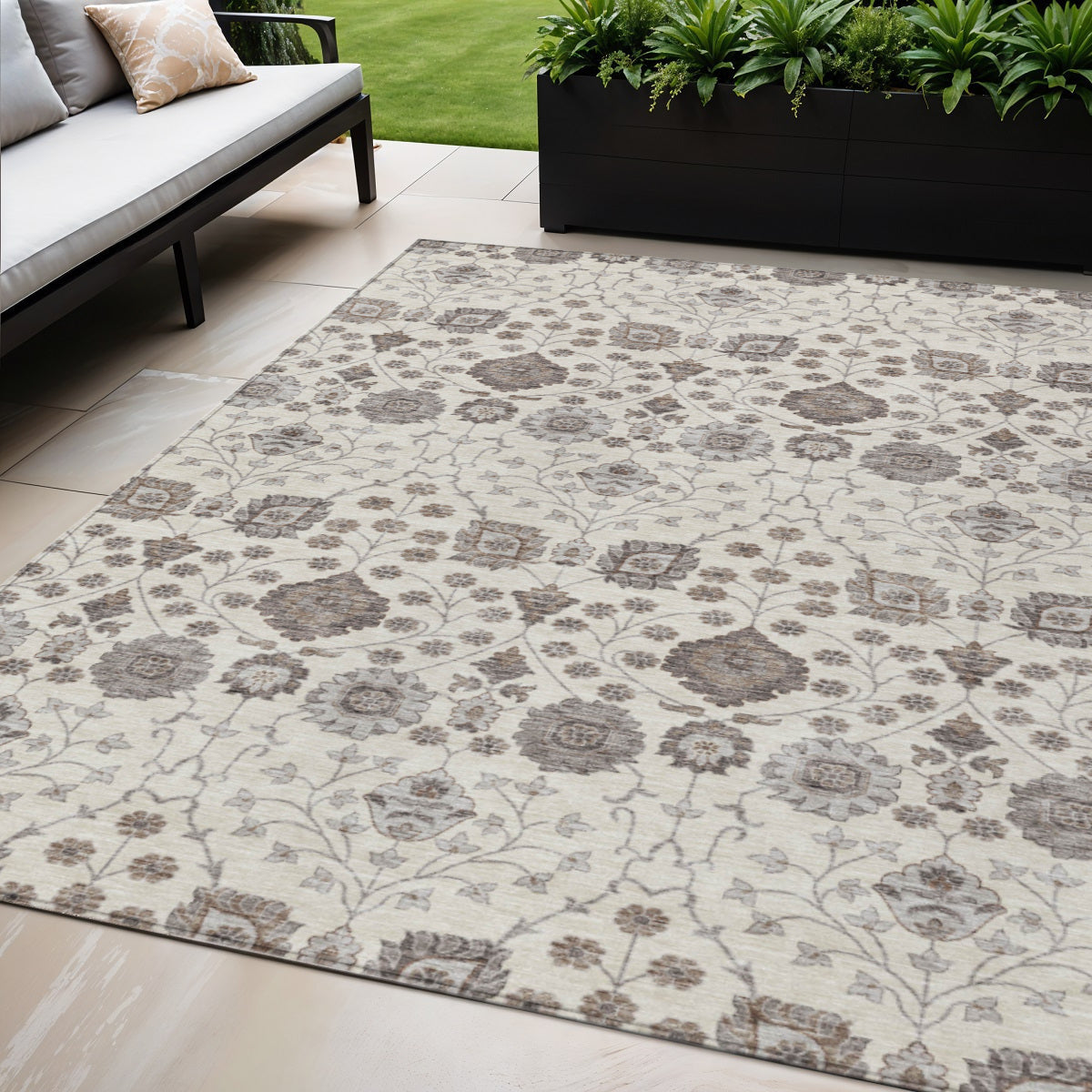 5' X 8' Ivory Brown And Gray Floral Washable Indoor Outdoor Area Rug