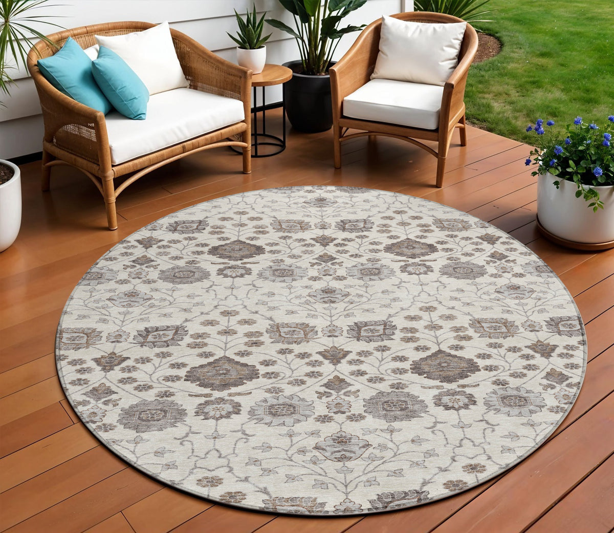 8' Ivory Brown And Gray Round Floral Washable Indoor Outdoor Area Rug