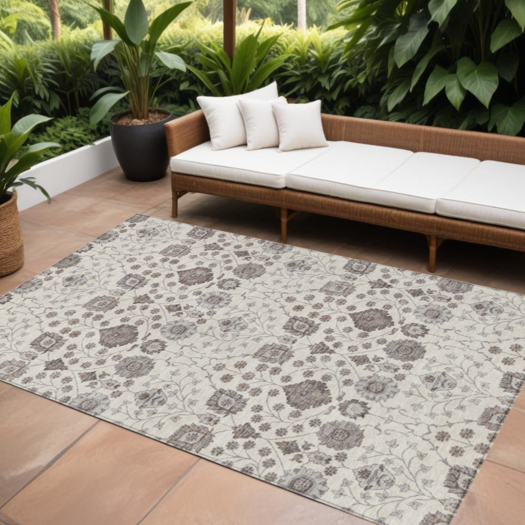 9' X 12' Ivory Brown And Gray Floral Washable Indoor Outdoor Area Rug
