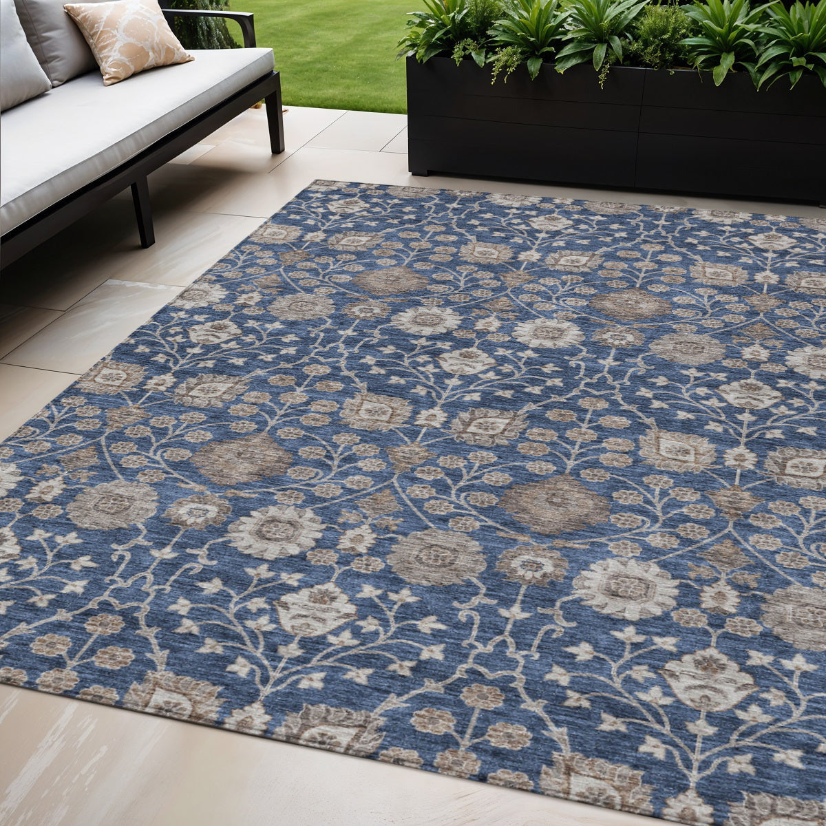 5' X 8' Navy Blue Brown And Beige Floral Washable Indoor Outdoor Area Rug