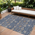 10' X 14' Navy Blue Brown And Beige Floral Washable Indoor Outdoor Area Rug