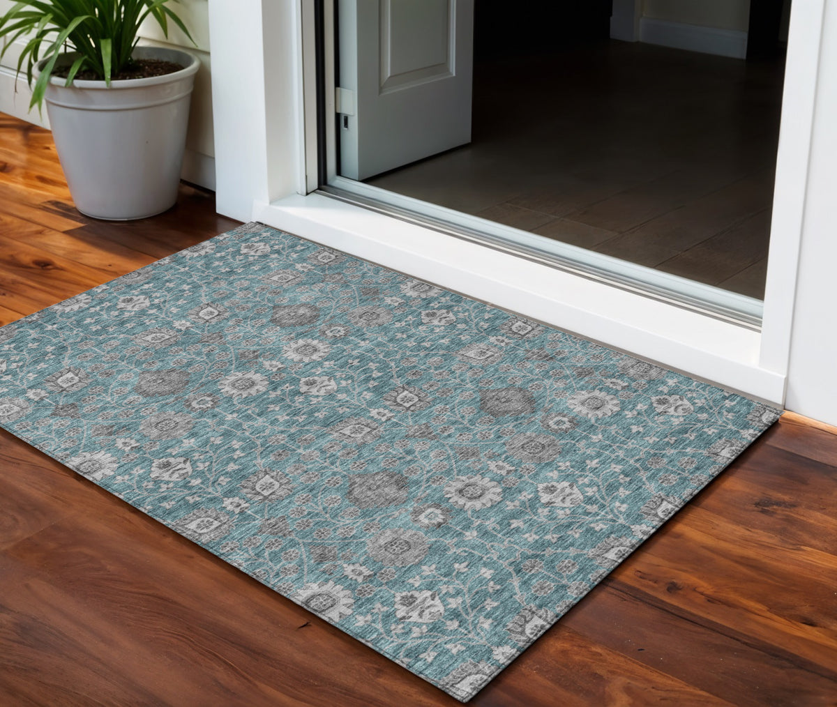 3' X 5' Teal Blue Gray And Charcoal Floral Washable Indoor Outdoor Area Rug