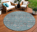 8' Teal Blue Gray And Charcoal Round Floral Washable Indoor Outdoor Area Rug