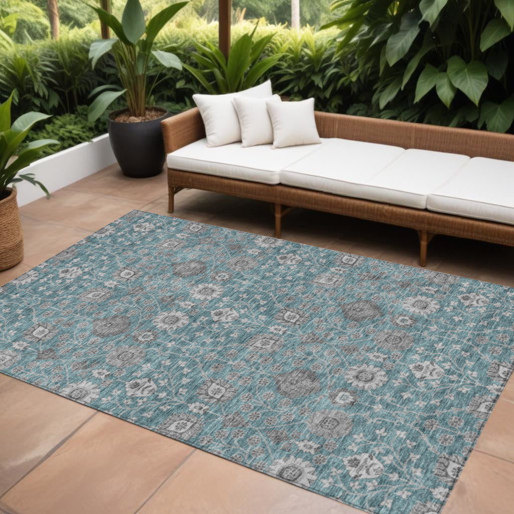 9' X 12' Teal Blue Gray And Charcoal Floral Washable Indoor Outdoor Area Rug