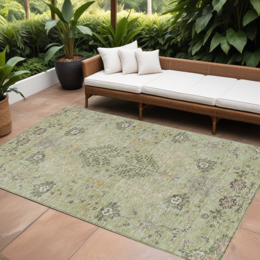 9' X 12' Artichoke Green Brown And Beige Floral Washable Indoor Outdoor Area Rug