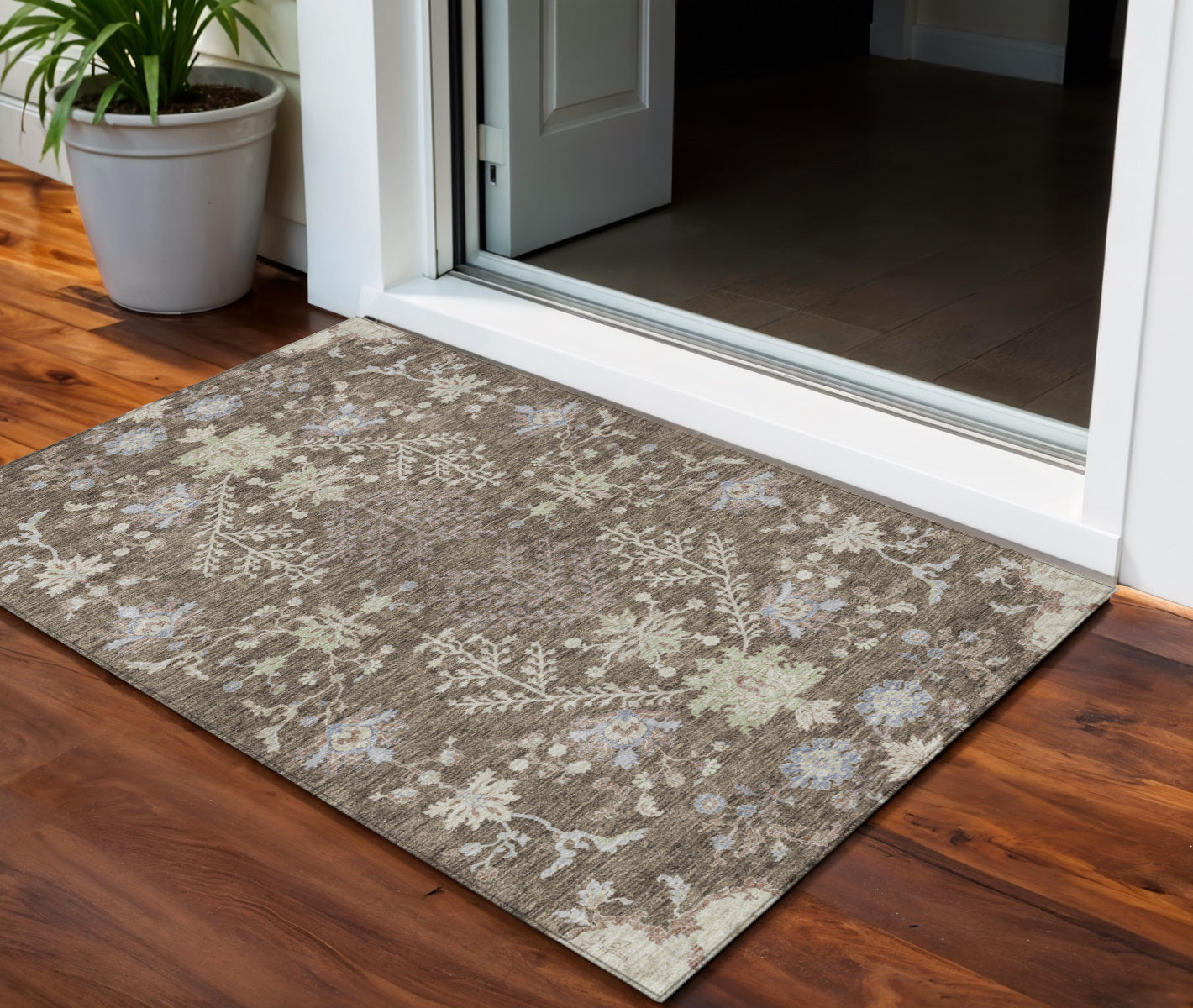 3' X 5' Brown Beige And Green Floral Washable Indoor Outdoor Area Rug