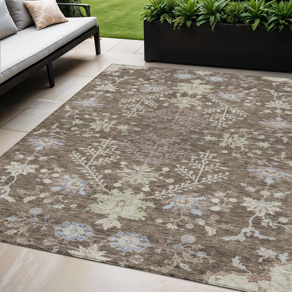 5' X 8' Brown Beige And Green Floral Washable Indoor Outdoor Area Rug