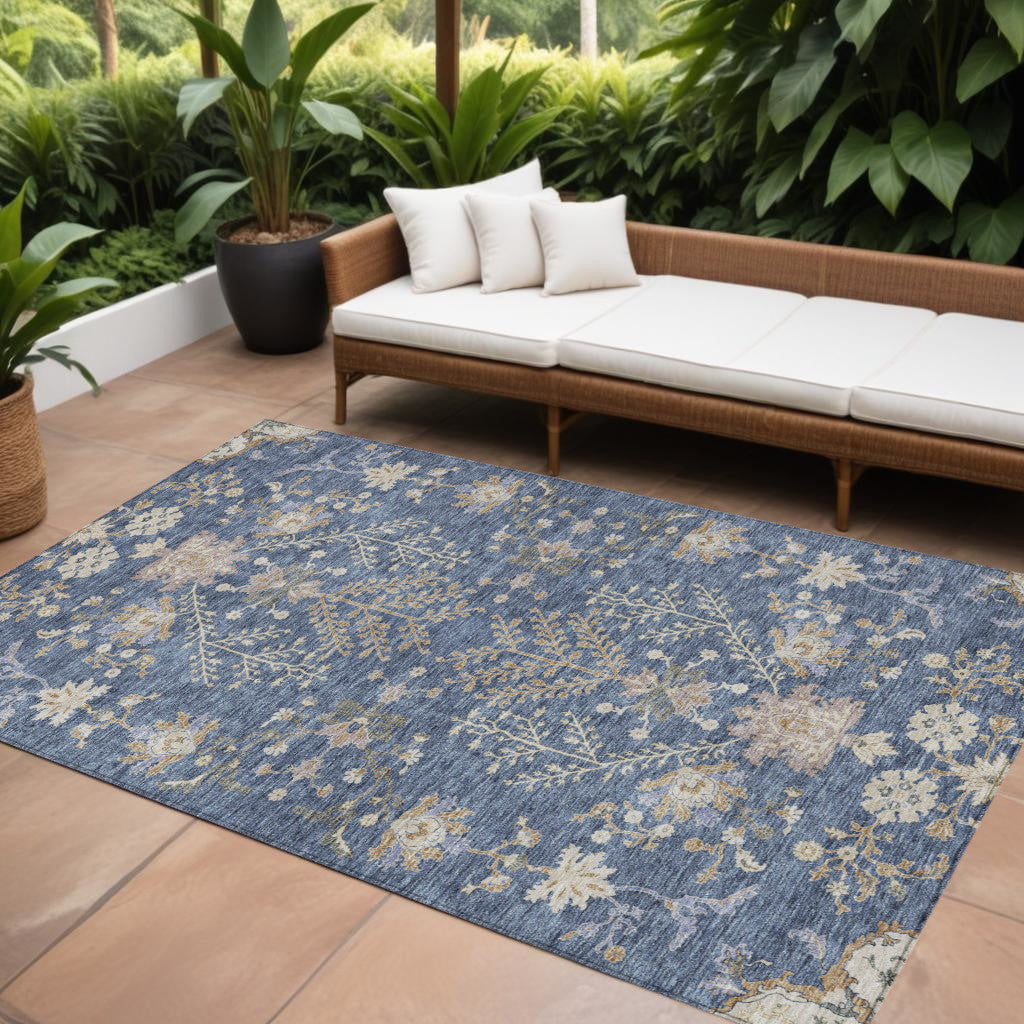 10' X 14' Blue Brown And Beige Floral Washable Indoor Outdoor Area Rug