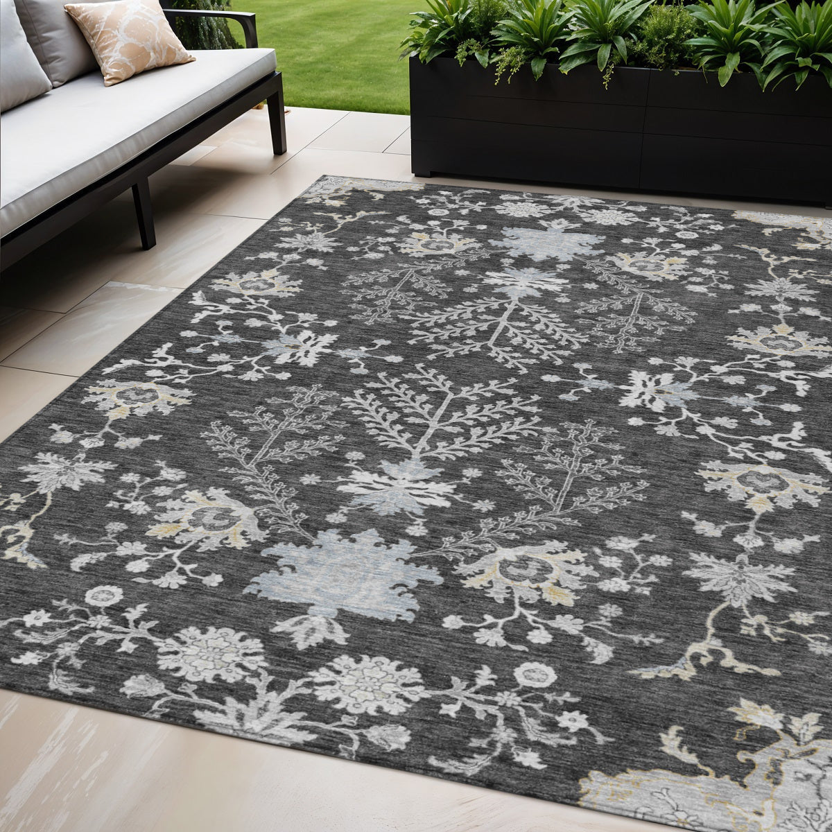 5' X 8' Charcoal Gray And Beige Floral Washable Indoor Outdoor Area Rug