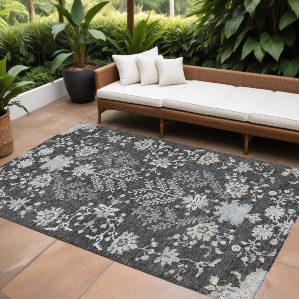 10' X 14' Charcoal Gray And Beige Floral Washable Indoor Outdoor Area Rug