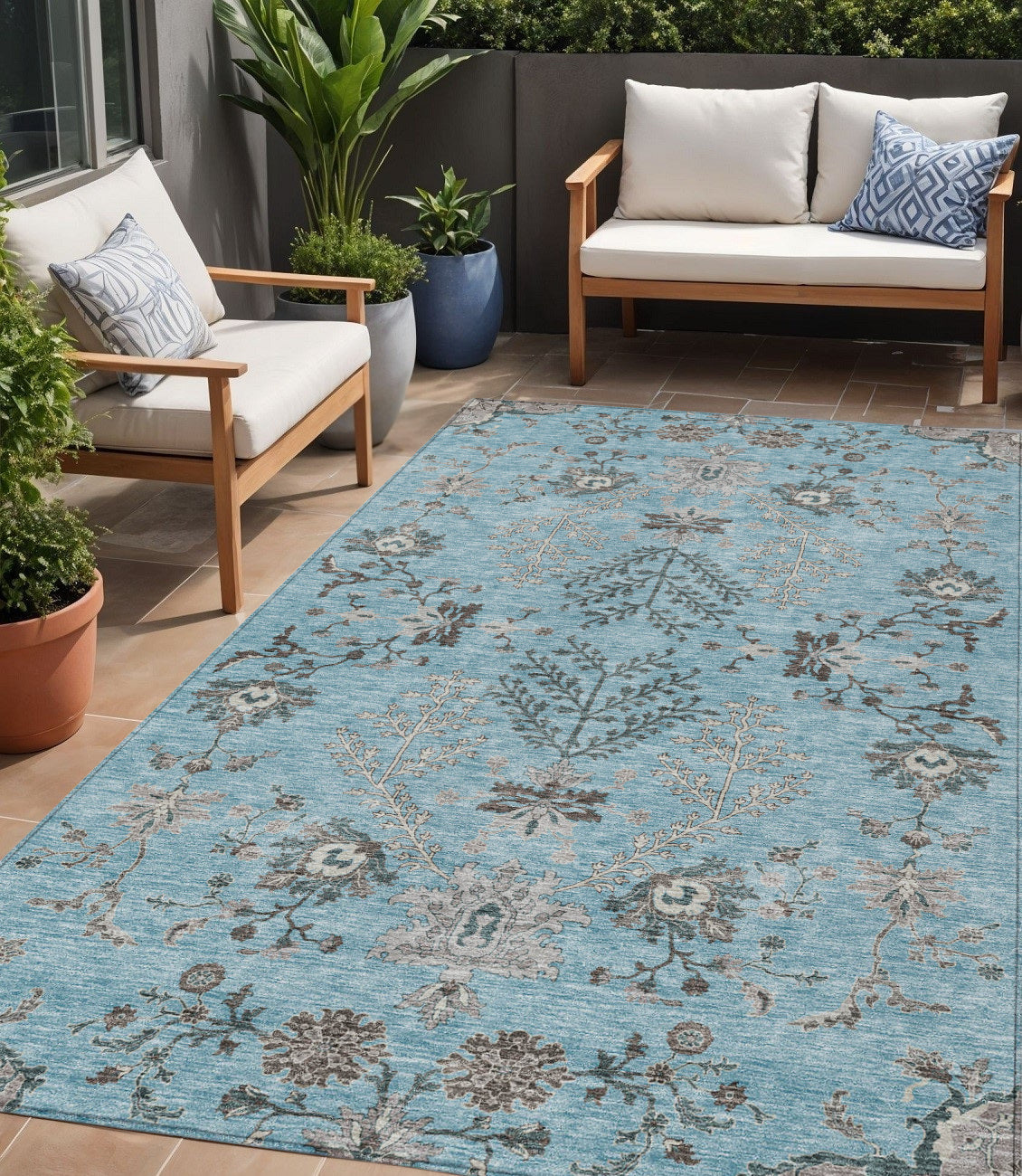 5' X 8' Sky Blue Gray And Charcoal Floral Washable Indoor Outdoor Area Rug