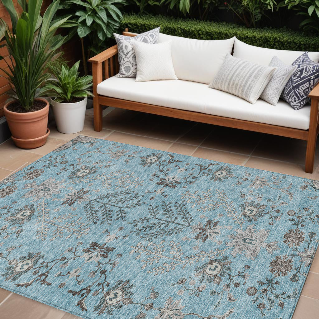 9' X 12' Sky Blue Gray And Charcoal Floral Washable Indoor Outdoor Area Rug