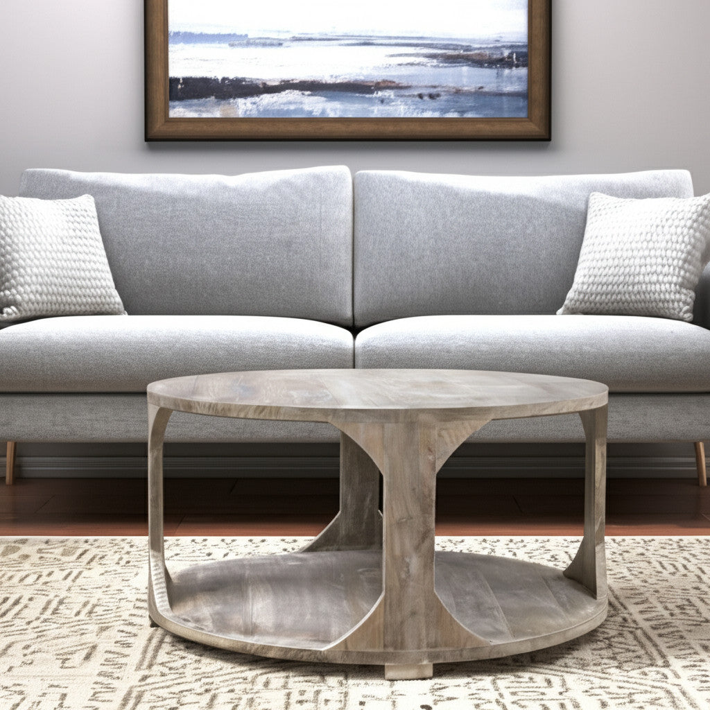 34'' Natural Solid Wood Round Distressed Floor Shelf Coffee Table With Shelf