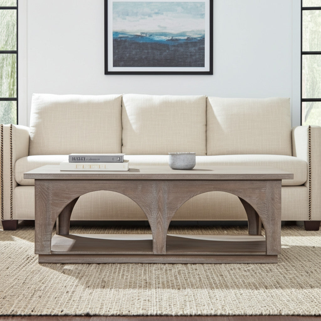 59'' Brown Solid Wood Distressed Floor Shelf Coffee Table With Shelf
