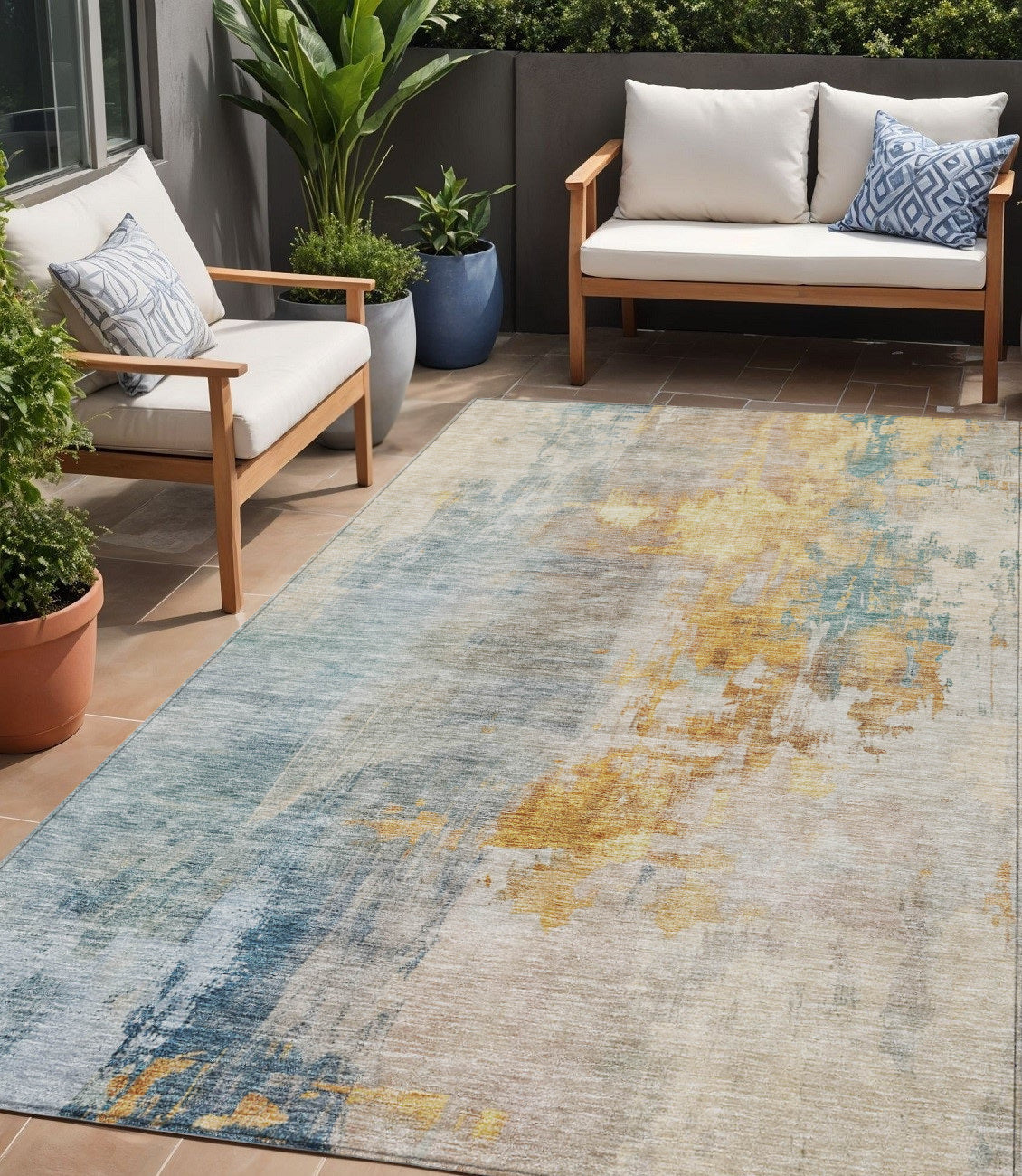 5' X 8' Linen Teal Blue And Copper Abstract Washable Indoor Outdoor Area Rug
