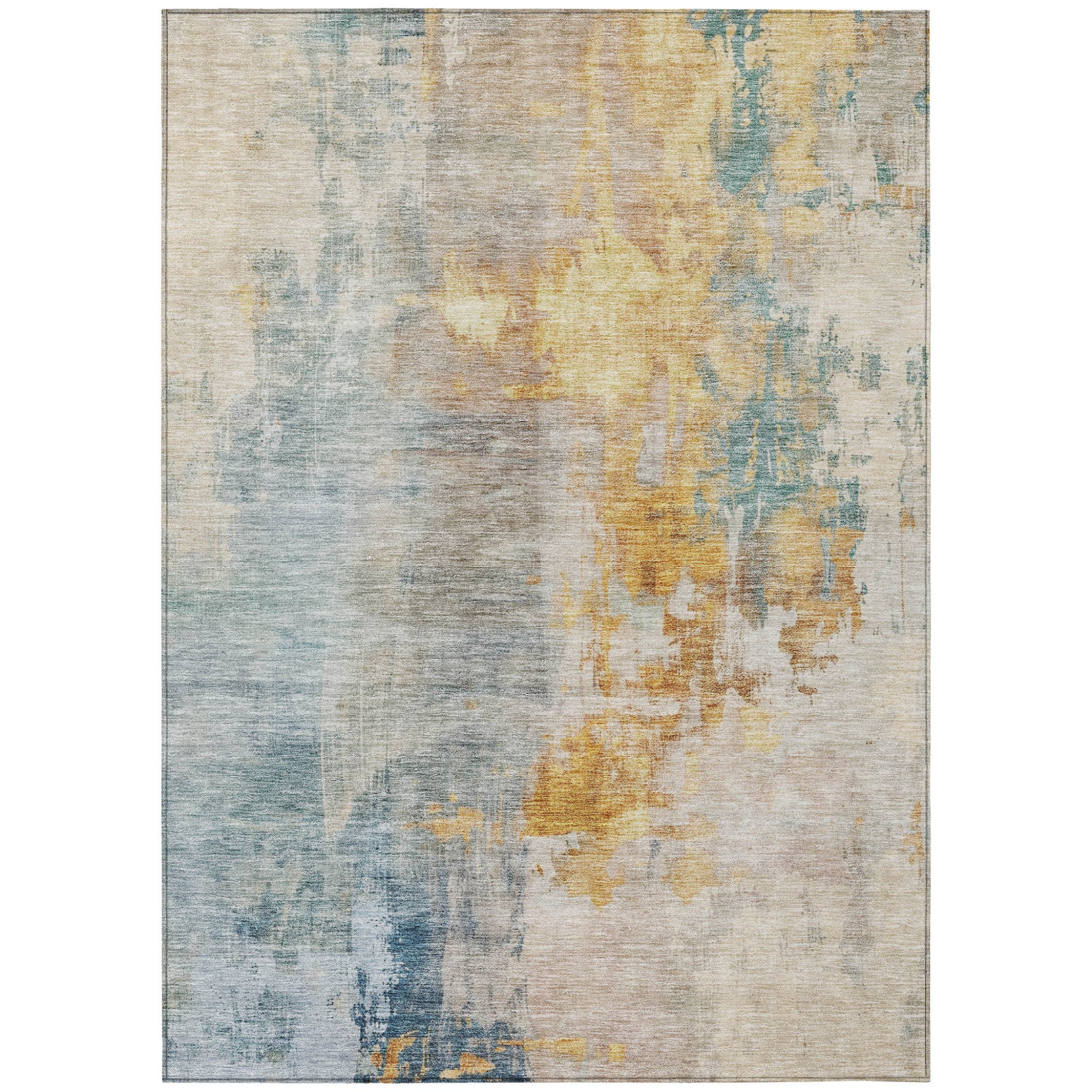 8' X 10' Linen Teal Blue And Copper Abstract Washable Indoor Outdoor Area Rug