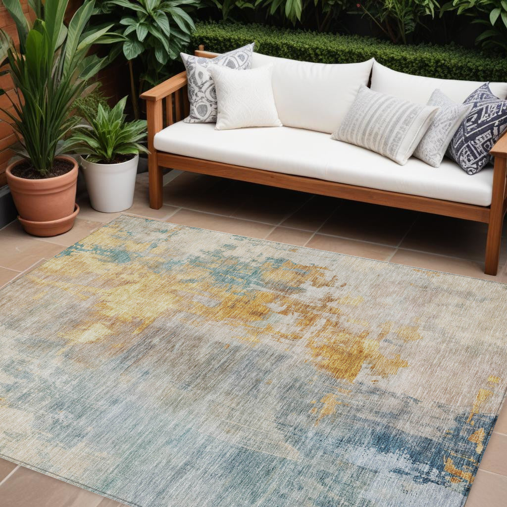 9' X 12' Linen Teal Blue And Copper Abstract Washable Indoor Outdoor Area Rug