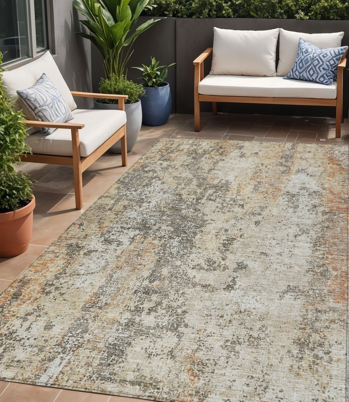 5' X 8' Terra Cotta Beige And Dark Gray Abstract Washable Indoor Outdoor Area Rug