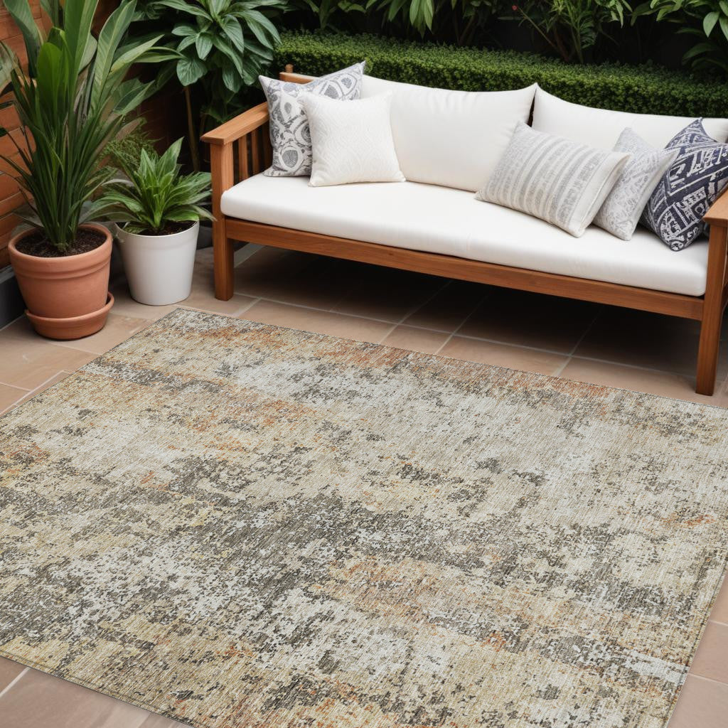 9' X 12' Terra Cotta Beige And Dark Gray Abstract Washable Indoor Outdoor Area Rug