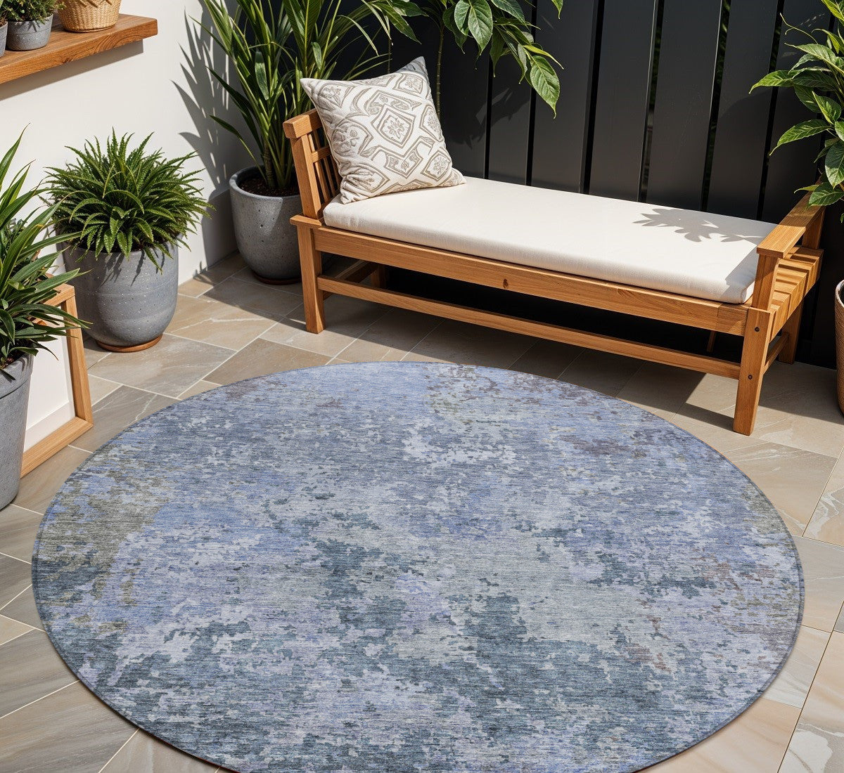 8' Blue And Dark Gray Round Abstract Washable Indoor Outdoor Area Rug