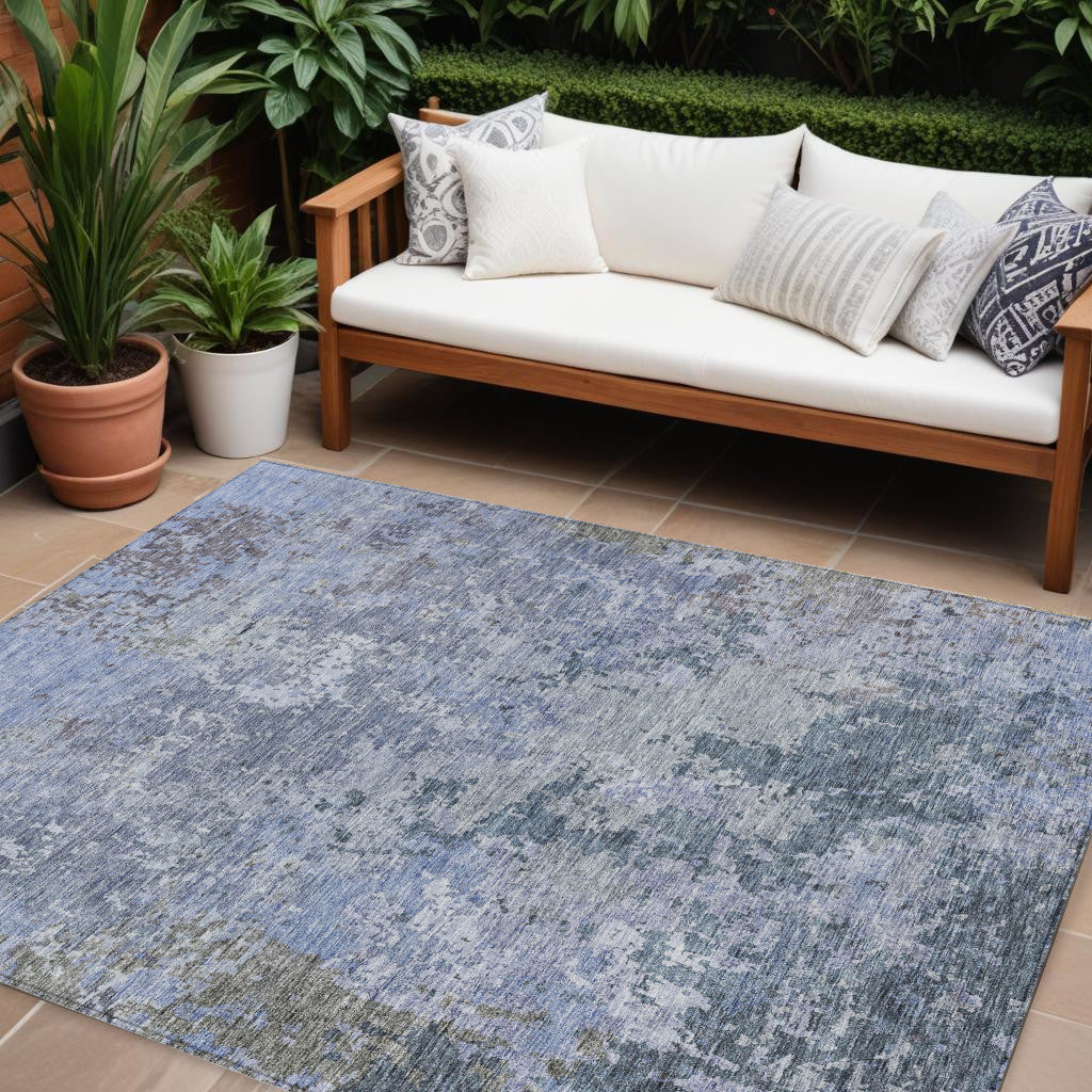 9' X 12' Blue And Dark Gray Abstract Washable Indoor Outdoor Area Rug