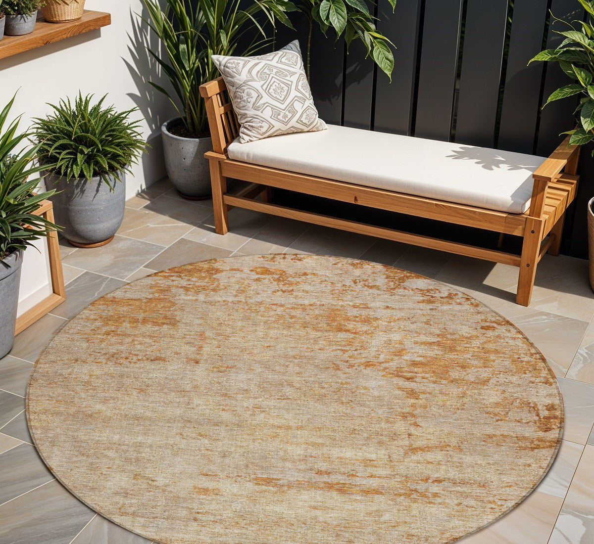 8' Copper And Terra Cotta Round Abstract Washable Indoor Outdoor Area Rug