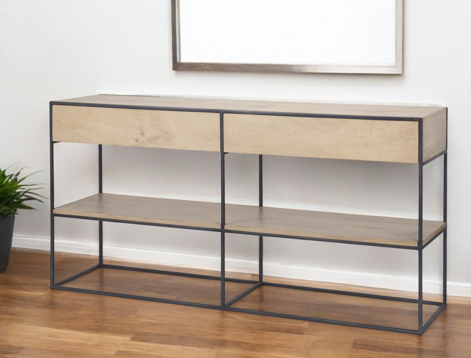 63'' Natural and Black Solid Wood and Metal Frame Console Table With Shelf And With Two Drawers
