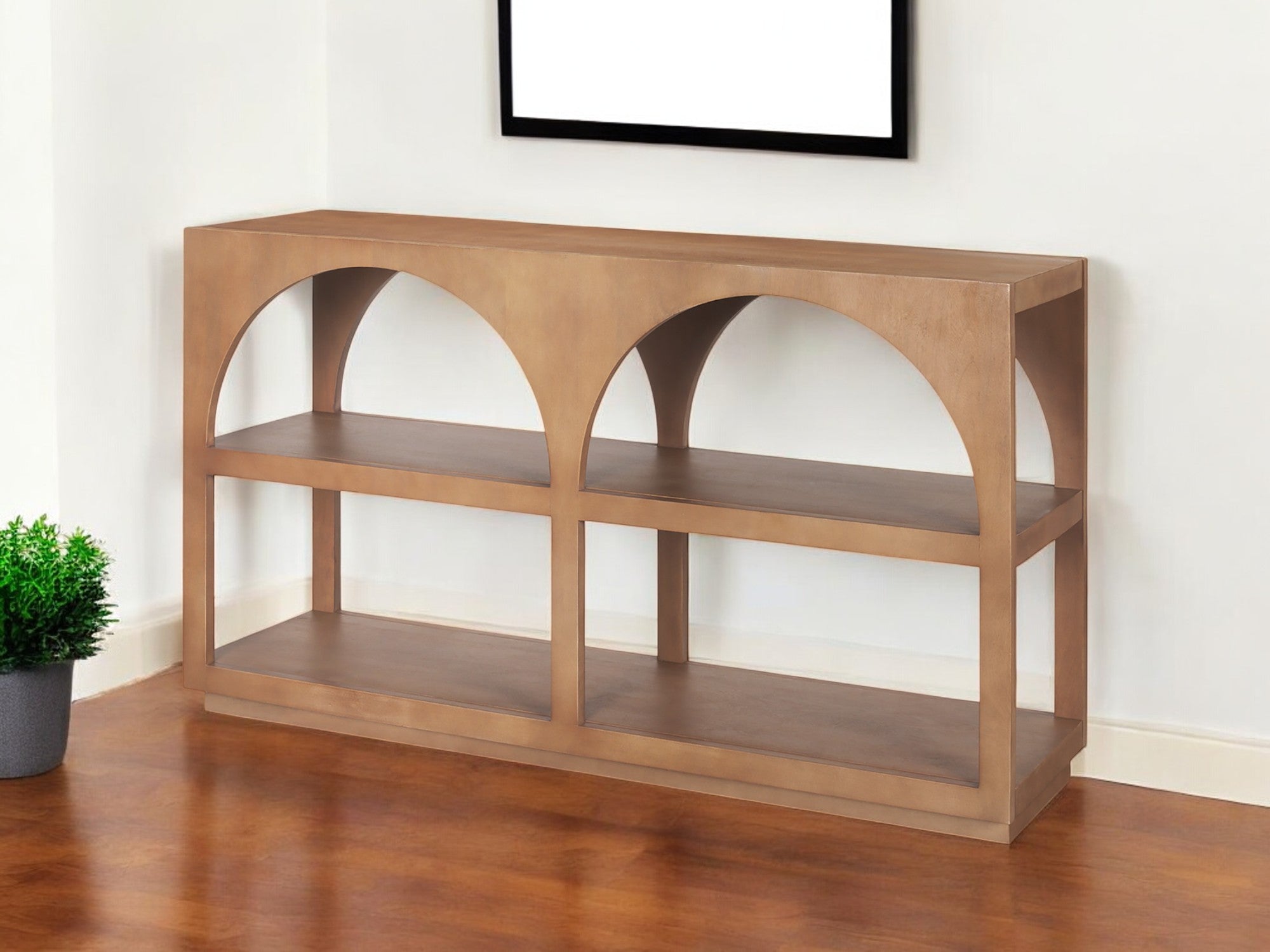 54'' Brown Solid Wood Floor Shelf Console Table With Two Shelves