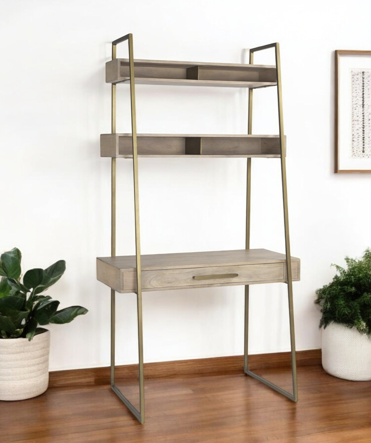 42'' Brown and Gold Solid Wood and Metal Sled Ladder Desk