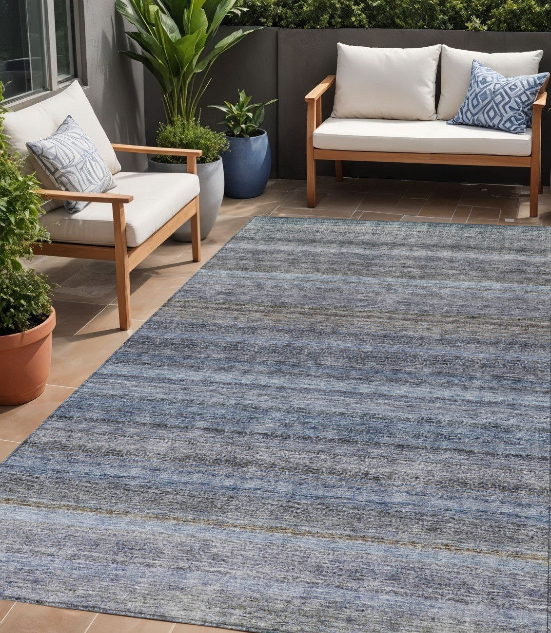 5' X 8' Blue And Gray Striped Washable Indoor Outdoor Area Rug