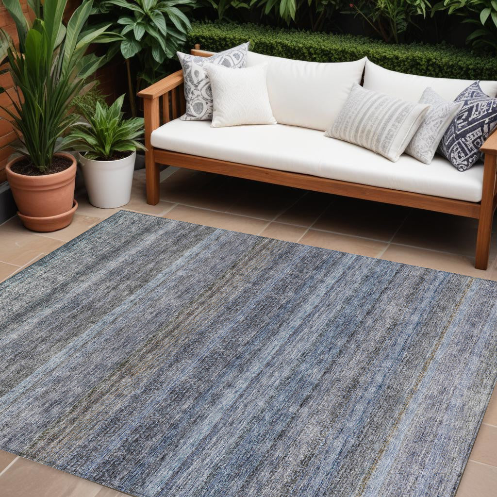 10' X 14' Blue And Gray Striped Washable Indoor Outdoor Area Rug