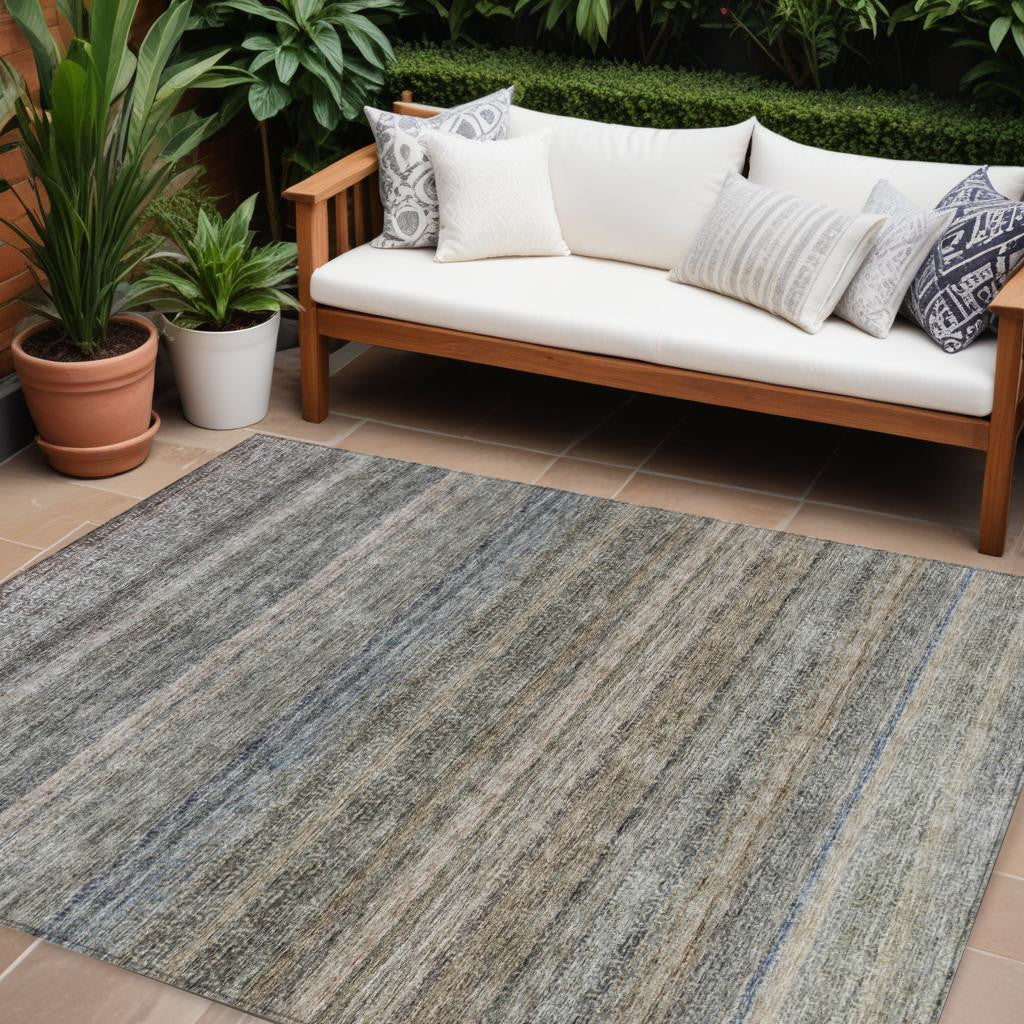 9' X 12' Taupe And Green Striped Washable Indoor Outdoor Area Rug