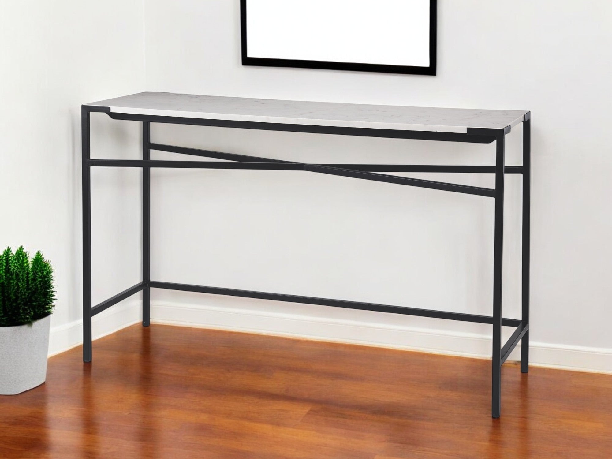 50'' White and Black Genuine Marble and Metal Console Table