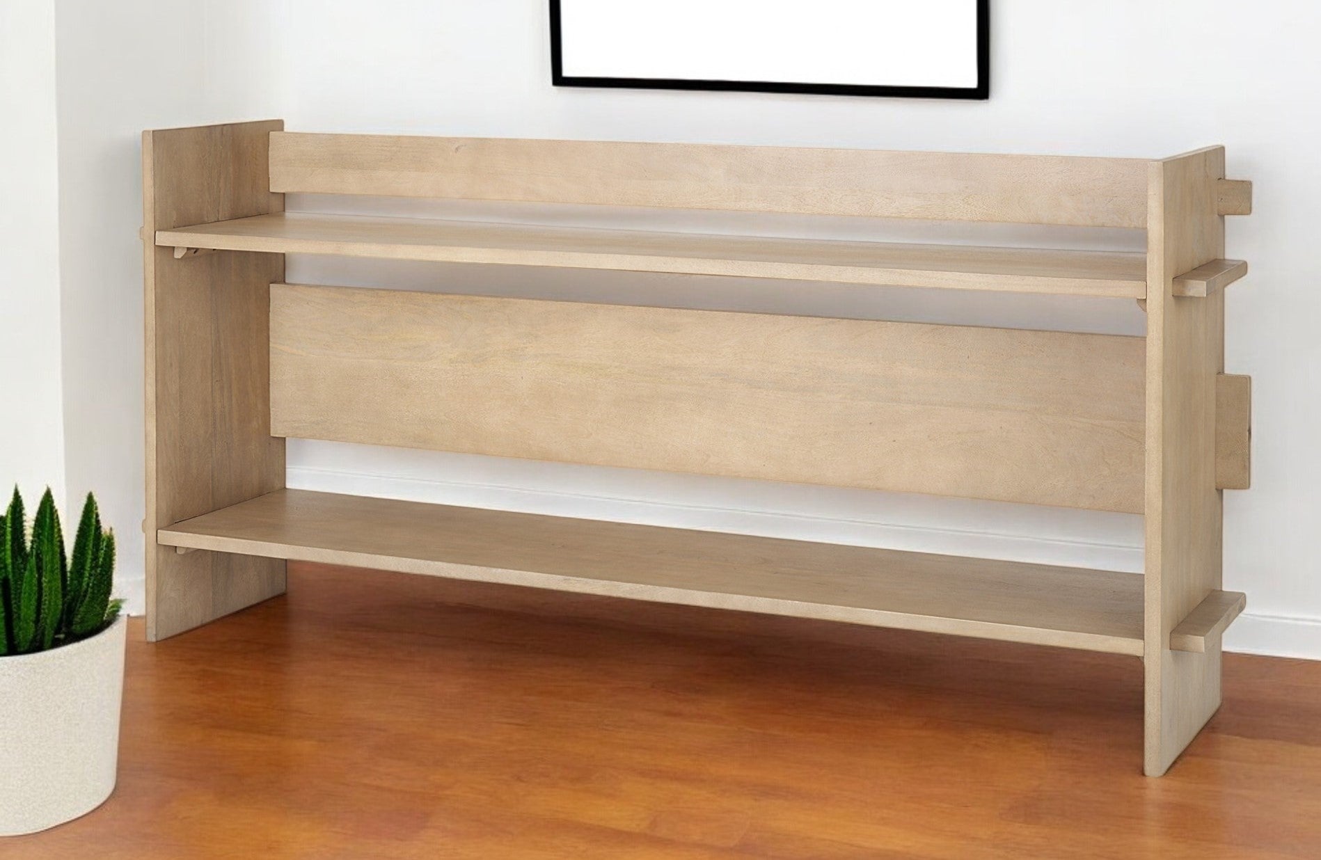 76'' Natural and Brown Solid Wood Sled Console Table With Two Shelves