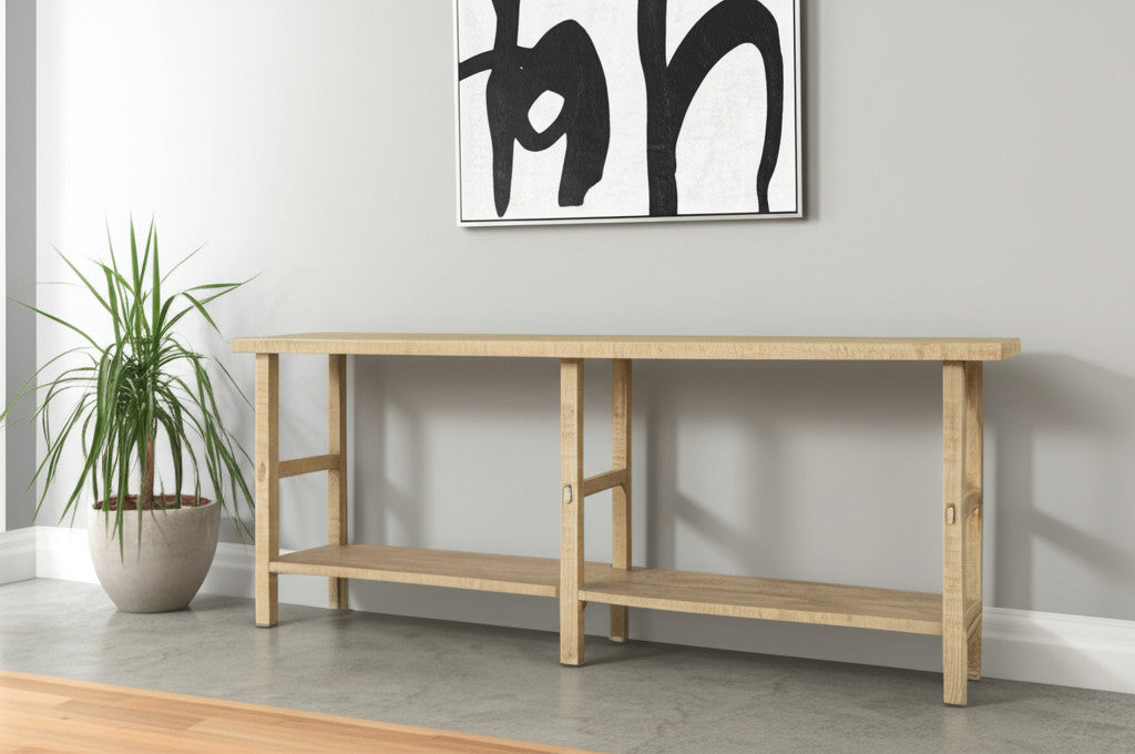 77'' Natural Solid Wood Distressed Six Leg Console Table With Shelf