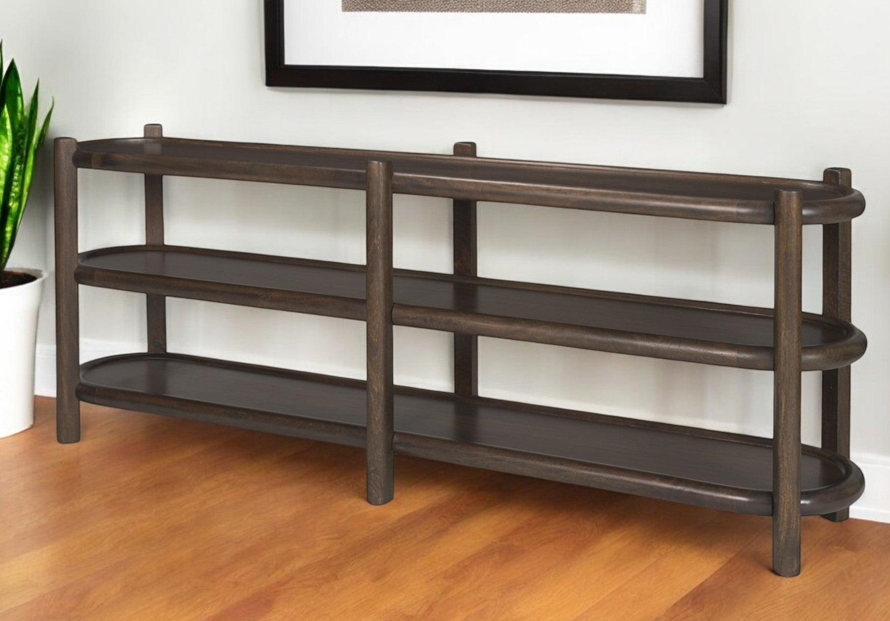 80'' Dark Brown Solid Wood Oval Six Leg Console Table With Two Shelves