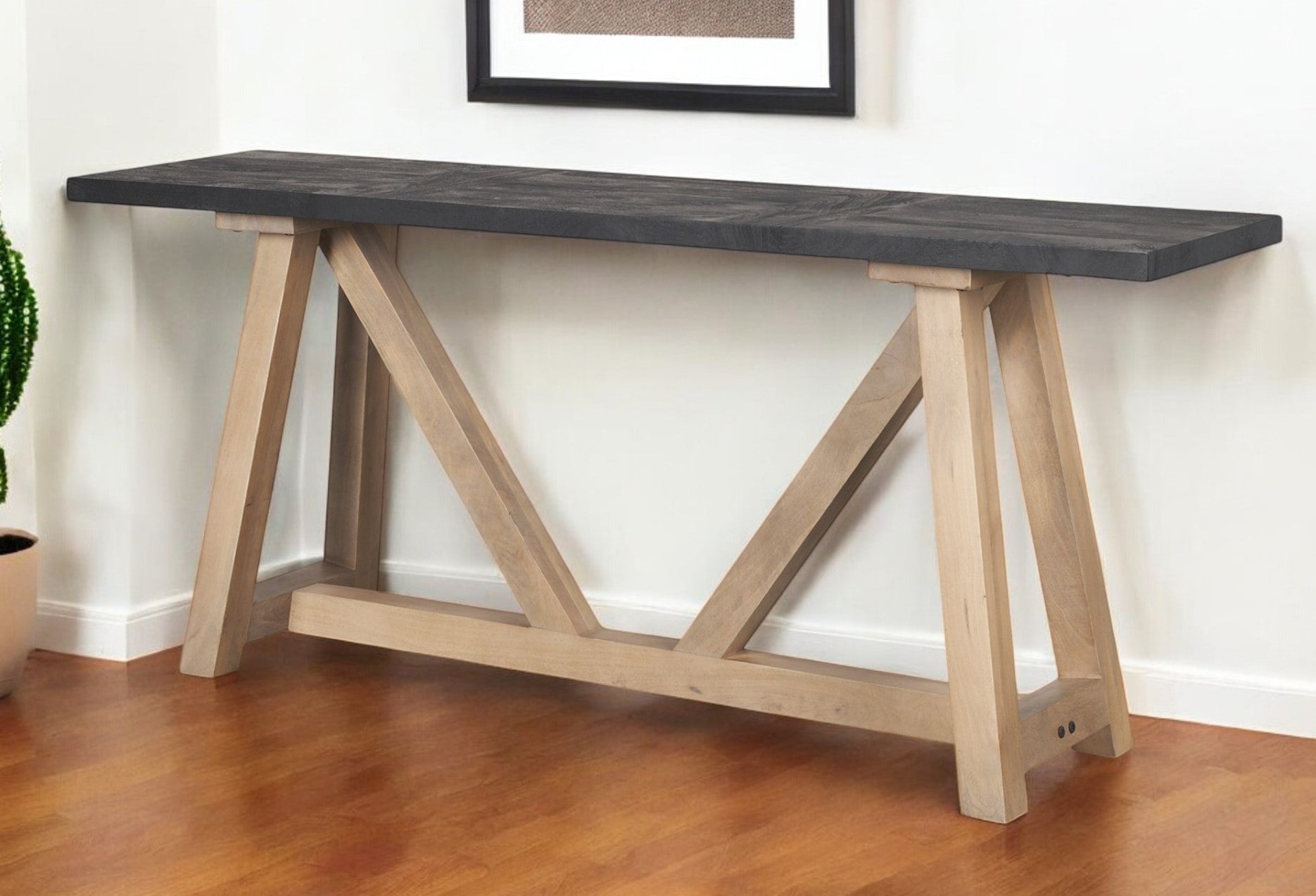 70'' Black and Brown Solid Wood Trestle Console Table