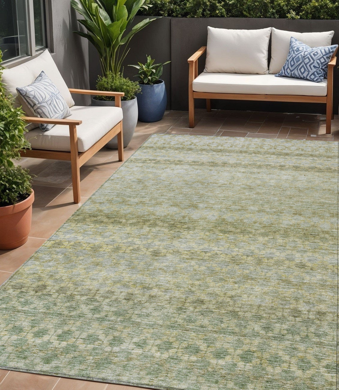 5' X 8' Artichoke Green And Beige Striped Washable Indoor Outdoor Area Rug