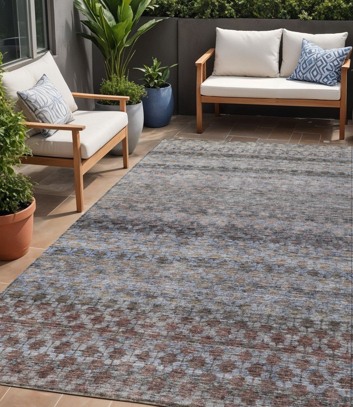 5' X 8' Brown Black And Brick Red Striped Washable Indoor Outdoor Area Rug