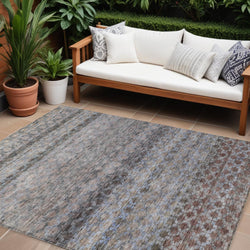 8' X 10' Brown Black And Brick Red Striped Washable Indoor Outdoor Area Rug
