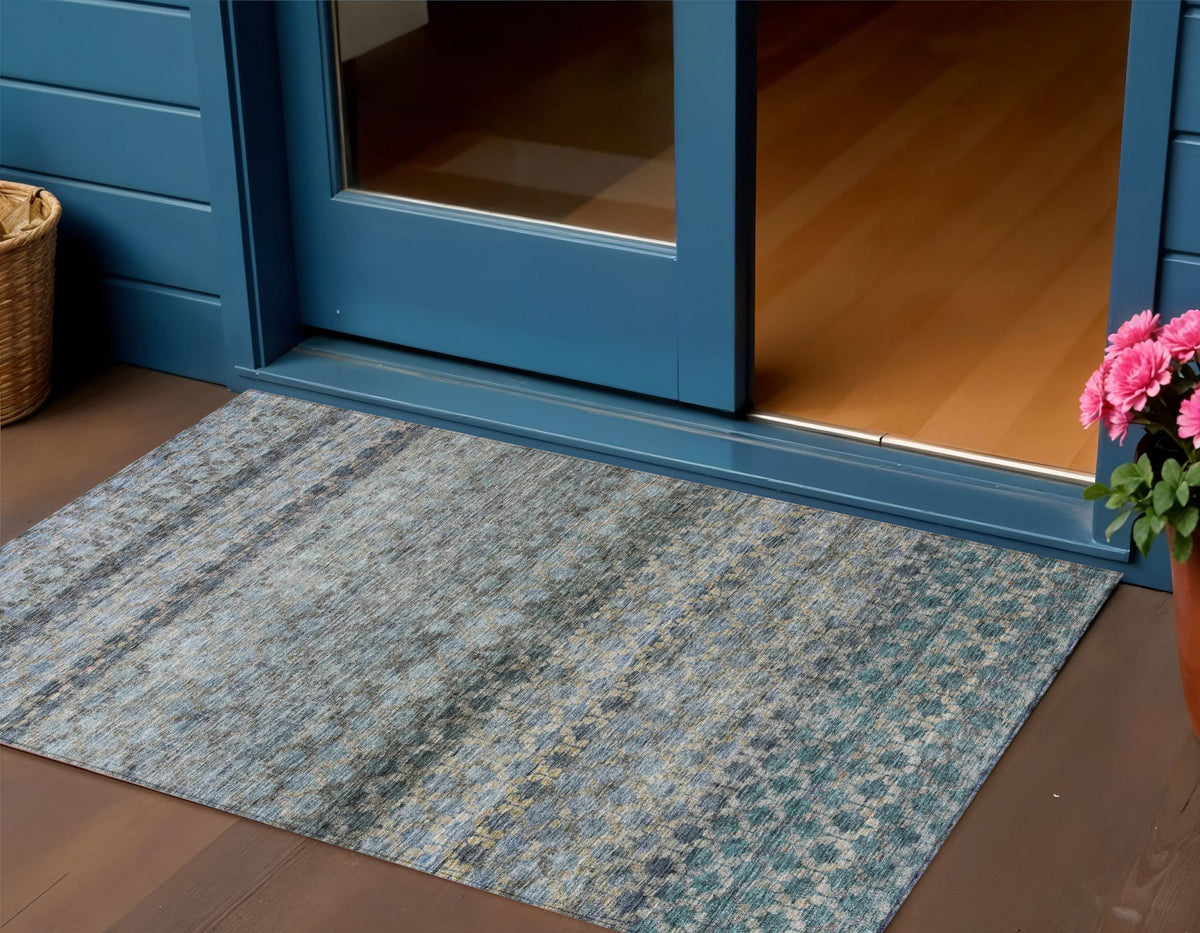 3' X 5' Teal Blue Light Blue And Gray Striped Washable Indoor Outdoor Area Rug