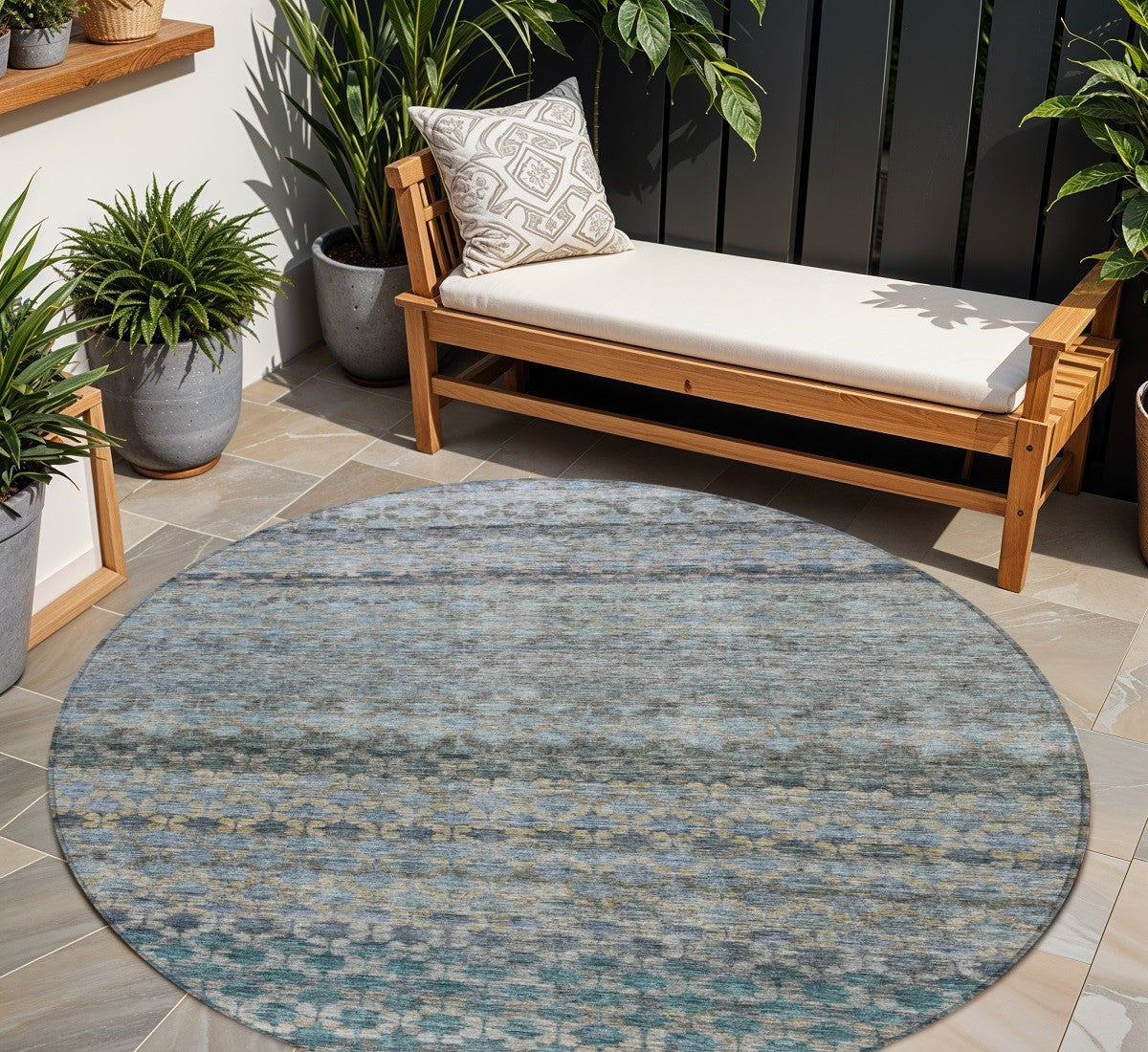 8' Teal Blue Light Blue And Gray Round Striped Washable Indoor Outdoor Area Rug