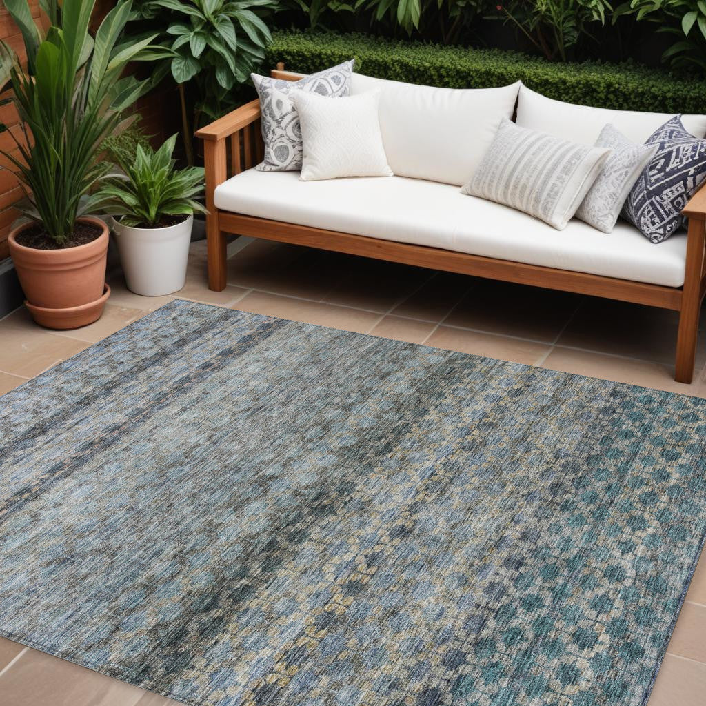 9' X 12' Teal Blue Light Blue And Gray Striped Washable Indoor Outdoor Area Rug