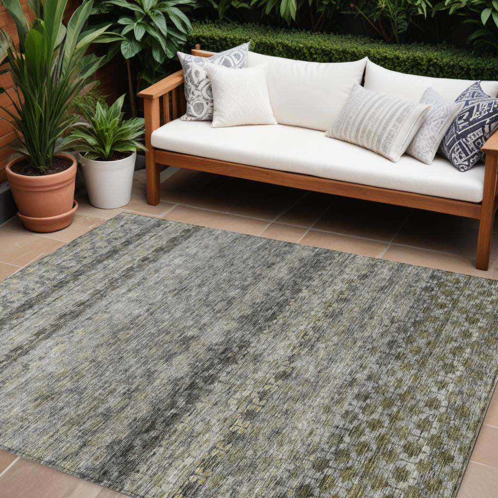 9' X 12' Pewter And Green Striped Washable Indoor Outdoor Area Rug