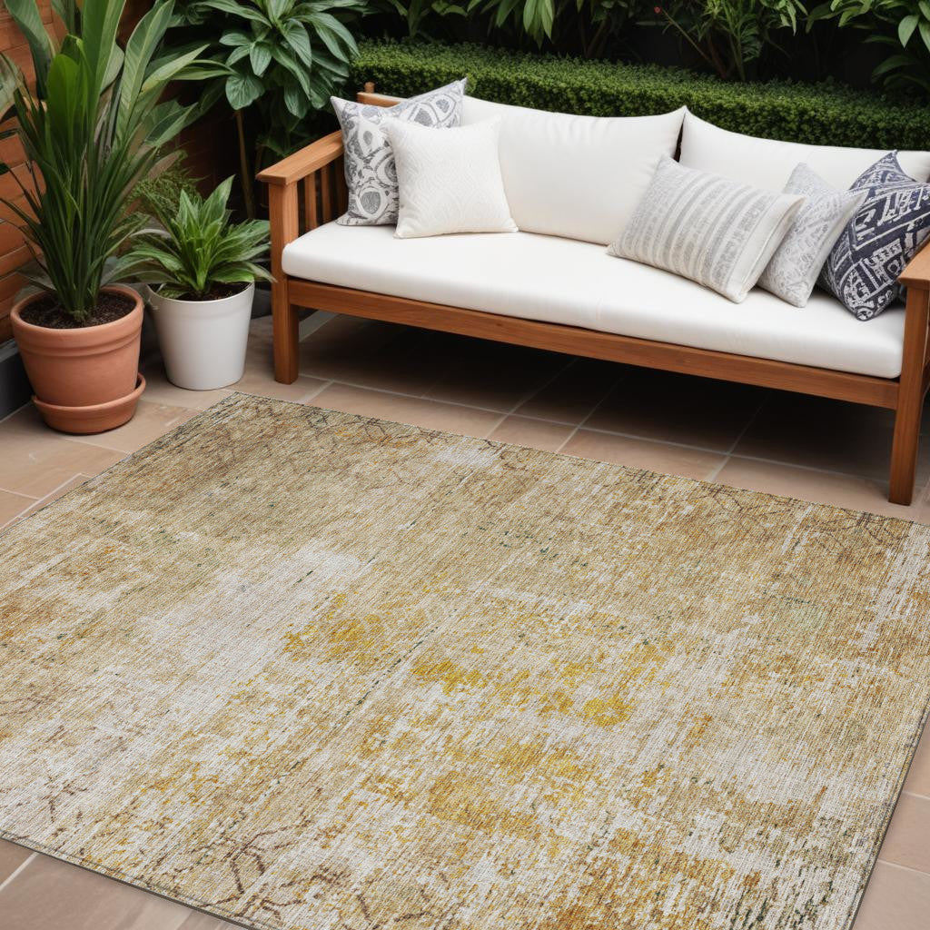 9' X 12' Gold Brown And Beige Geometric Washable Indoor Outdoor Area Rug