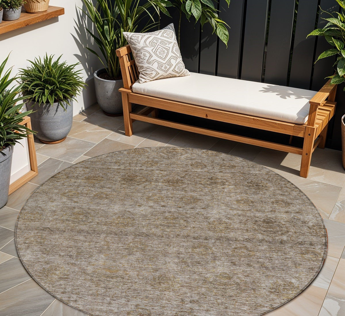 8' Brown And Tan Round Floral Washable Indoor Outdoor Area Rug