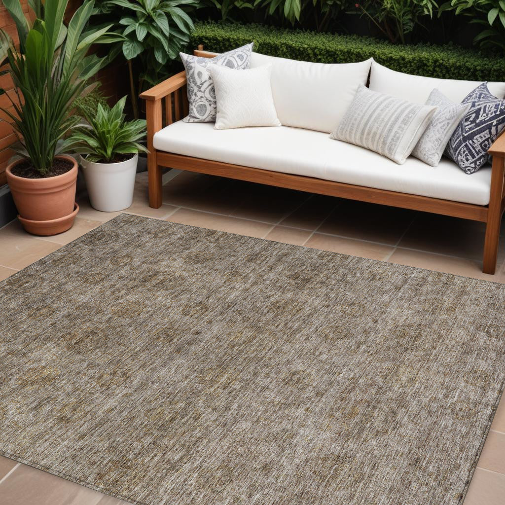 9' X 12' Brown And Tan Floral Washable Indoor Outdoor Area Rug