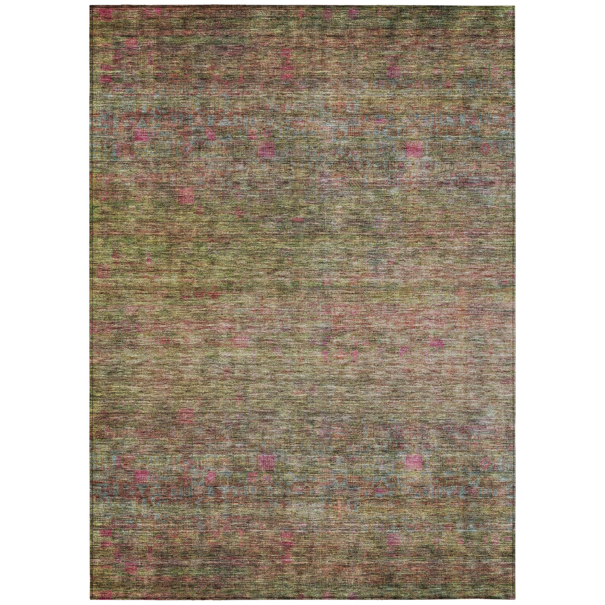 8' X 10' Artichoke Green And Hot Pink Floral Washable Indoor Outdoor Area Rug