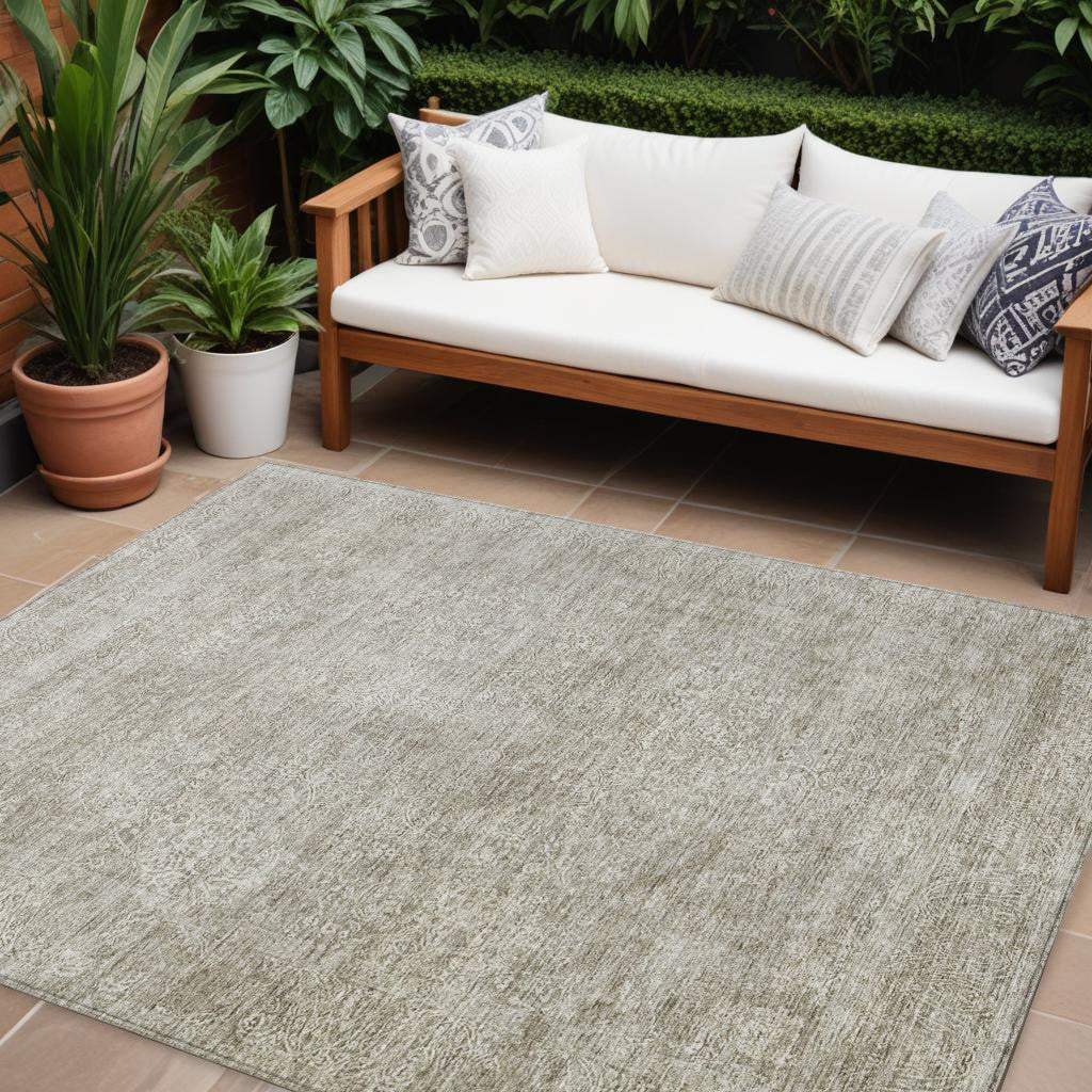 9' X 12' Linen And Gray Floral Washable Indoor Outdoor Area Rug
